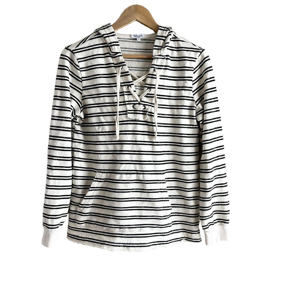 Splendid French Terry Hoodie Sweatshirt Lace-Up Front Cream & Black Stripes, S